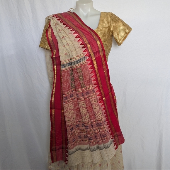 Vintage Indian Saree Red Cream Gold Pallu Without Blouse South Asian Desi Sari - Picture 3 of 10